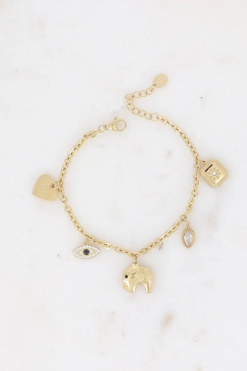 Armband – mehrere Charms (Liebesherz, Auge, Elefant, Kristall und Blume)