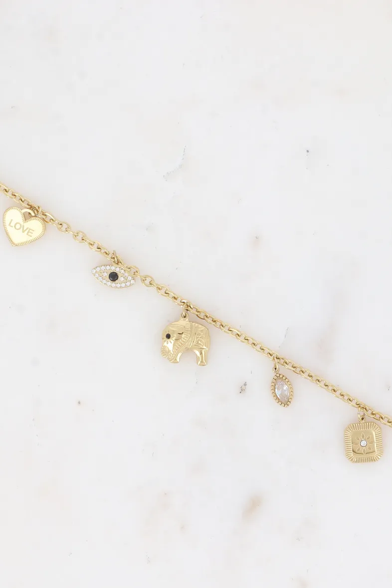 Armband – mehrere Charms (Liebesherz, Auge, Elefant, Kristall und Blume)