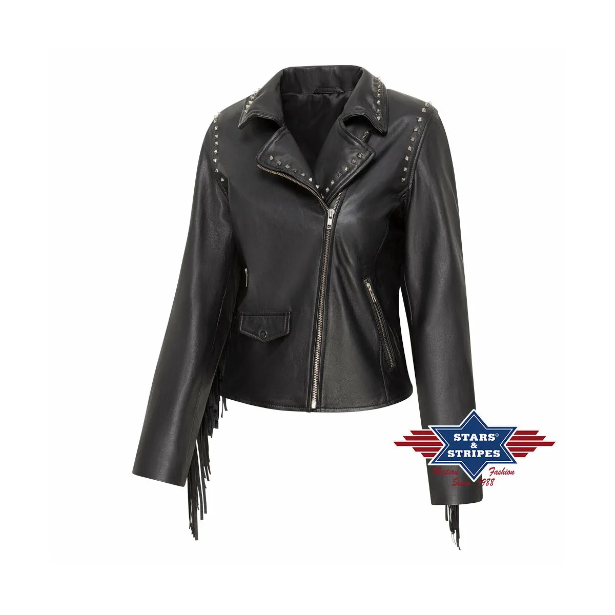 Damen Lederjacke, Fransenjacke Amber, Nappaleder, schwarz