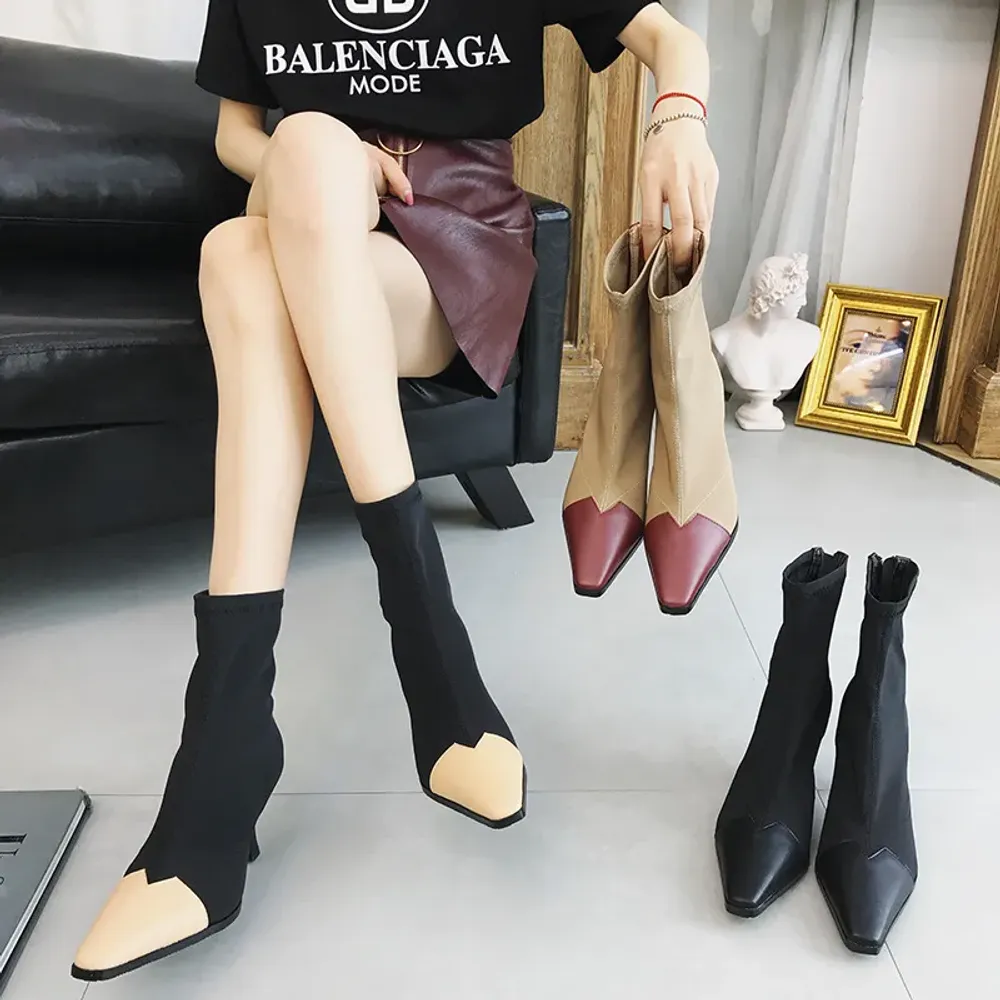 Gemischte Farben kleiner Quadratzehen Chelsea Boots Frauen Reißverschluss Slim Mid Calf Socken Botas Stiletto High Heels Stretch