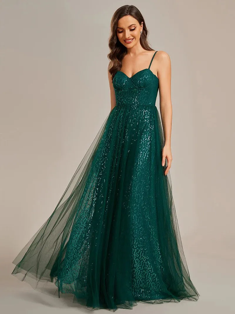 Grünes Pailletten Abendkleid mit schicken Tüllrock