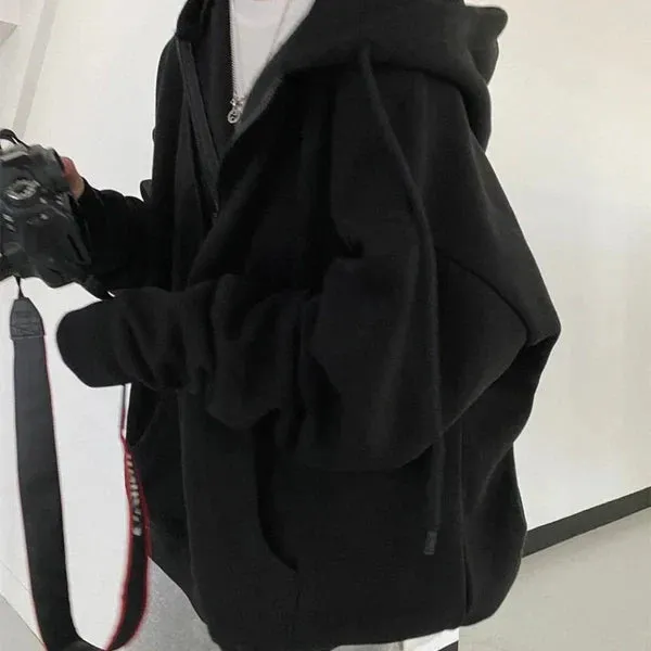 Heidi-Mode | Übergröße Solide Tasche Mit Kapuze Und Langer Lockerer Baseballjacke Mit Reißverschluss