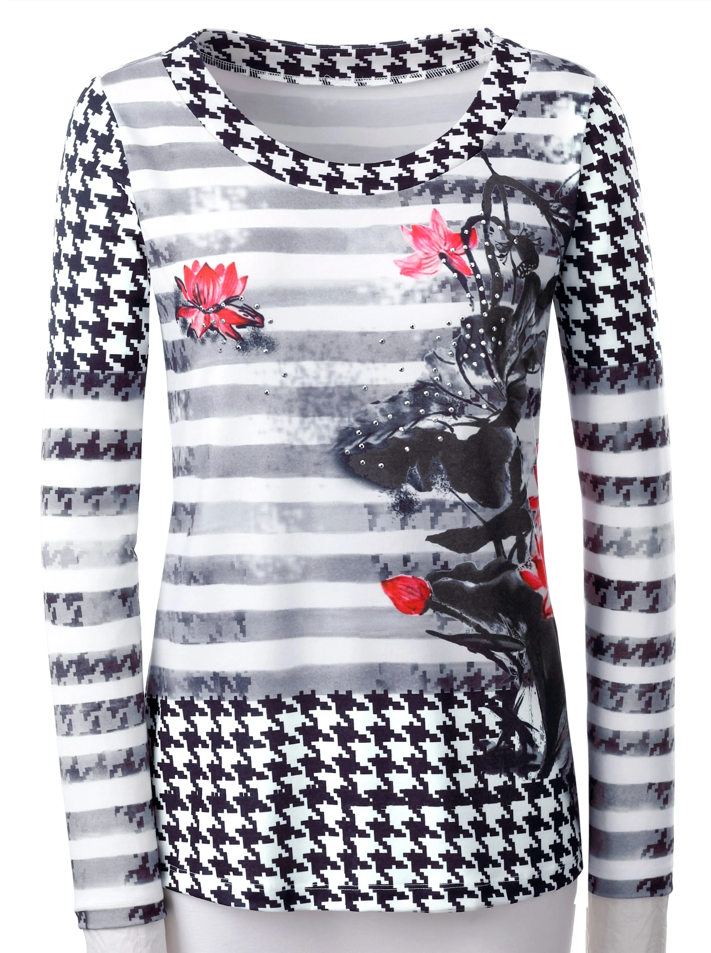 Langarmshirt in schwarz-rot-bedruckt