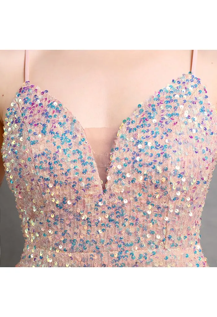 Meerjungfrau-Cami-Kleid mit Pailletten und Mesh-Einsatz in Rosa