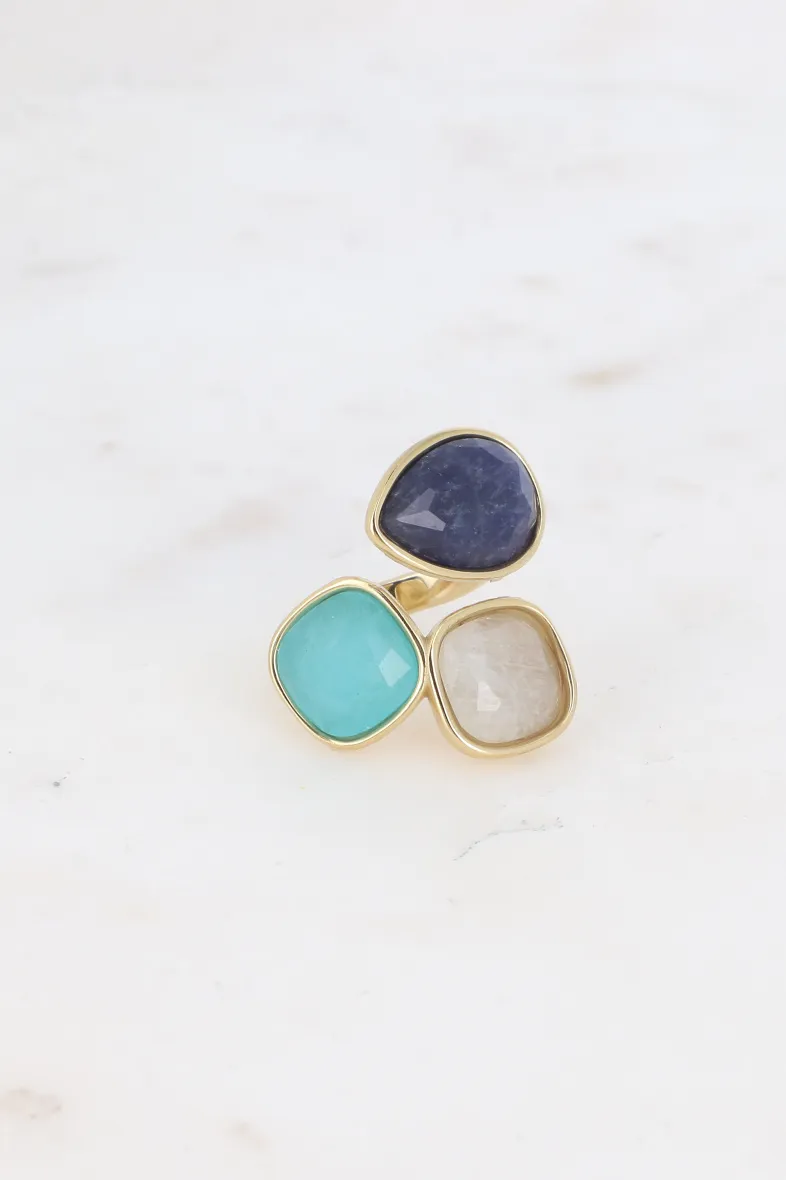 Offener Idrissa-Ring – 3 Natursteine, Tropfen und Quadrat 10 mm