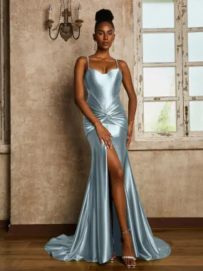 Plissee-Taille Meerjungfrau Stretch-Satin Kleid Staubiges Blau