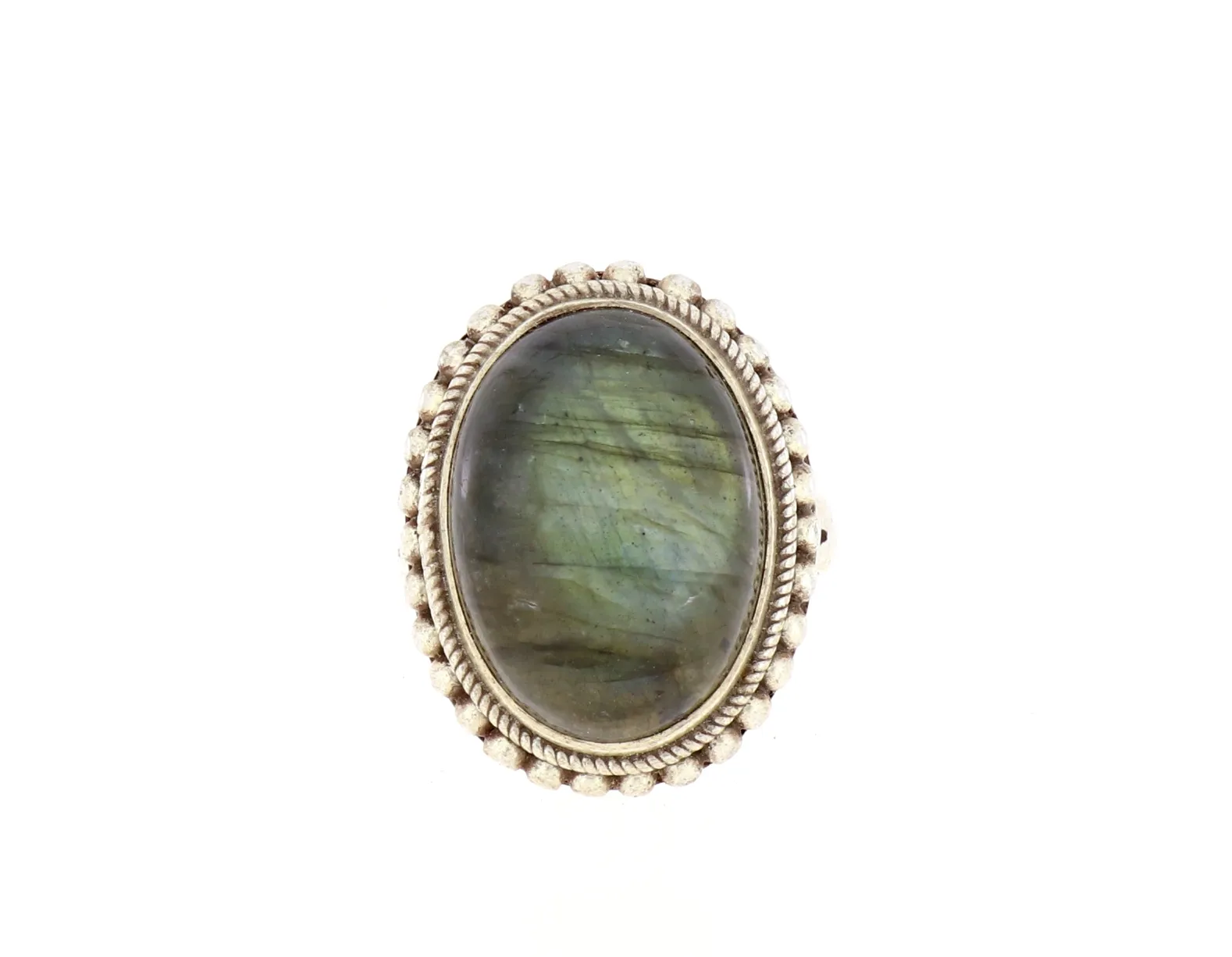 Ring Labradorit grün türkis schimmernd filigrane Fassung Silber Größe 53 – 7