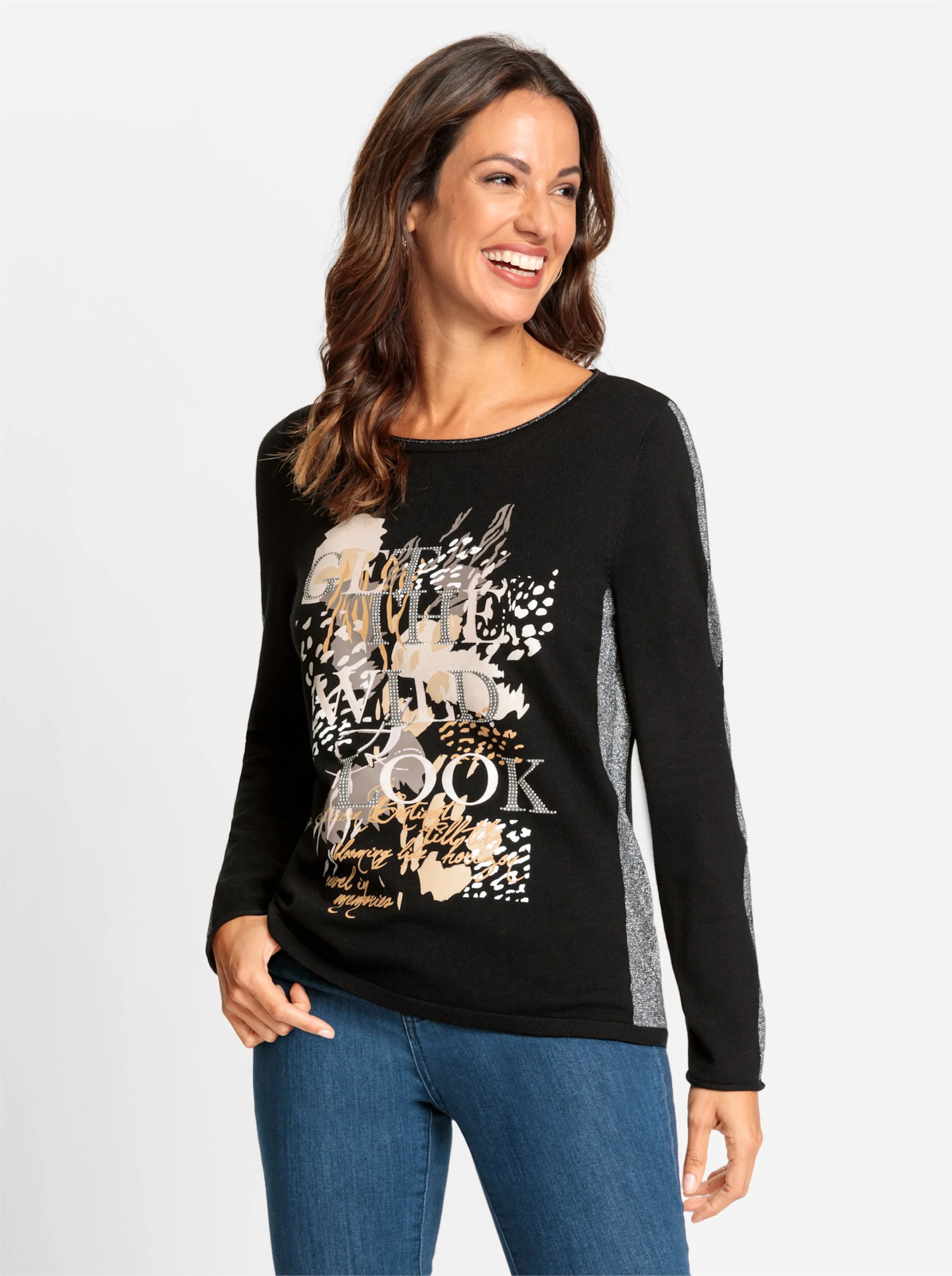 Strickpullover in schwarz-sand-bedruckt